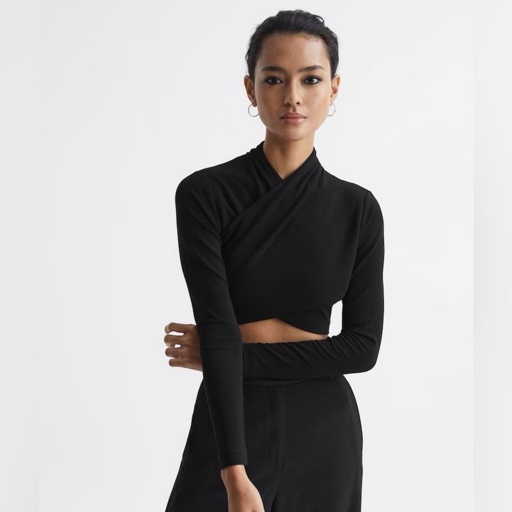Reiss Elena Black Cross Front Long Sleeve Crop Top Halter Neck Blouse Large L